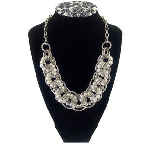 You & I Statement Necklace Silver Tone White Beaded Rings 21" Costume Jewelry